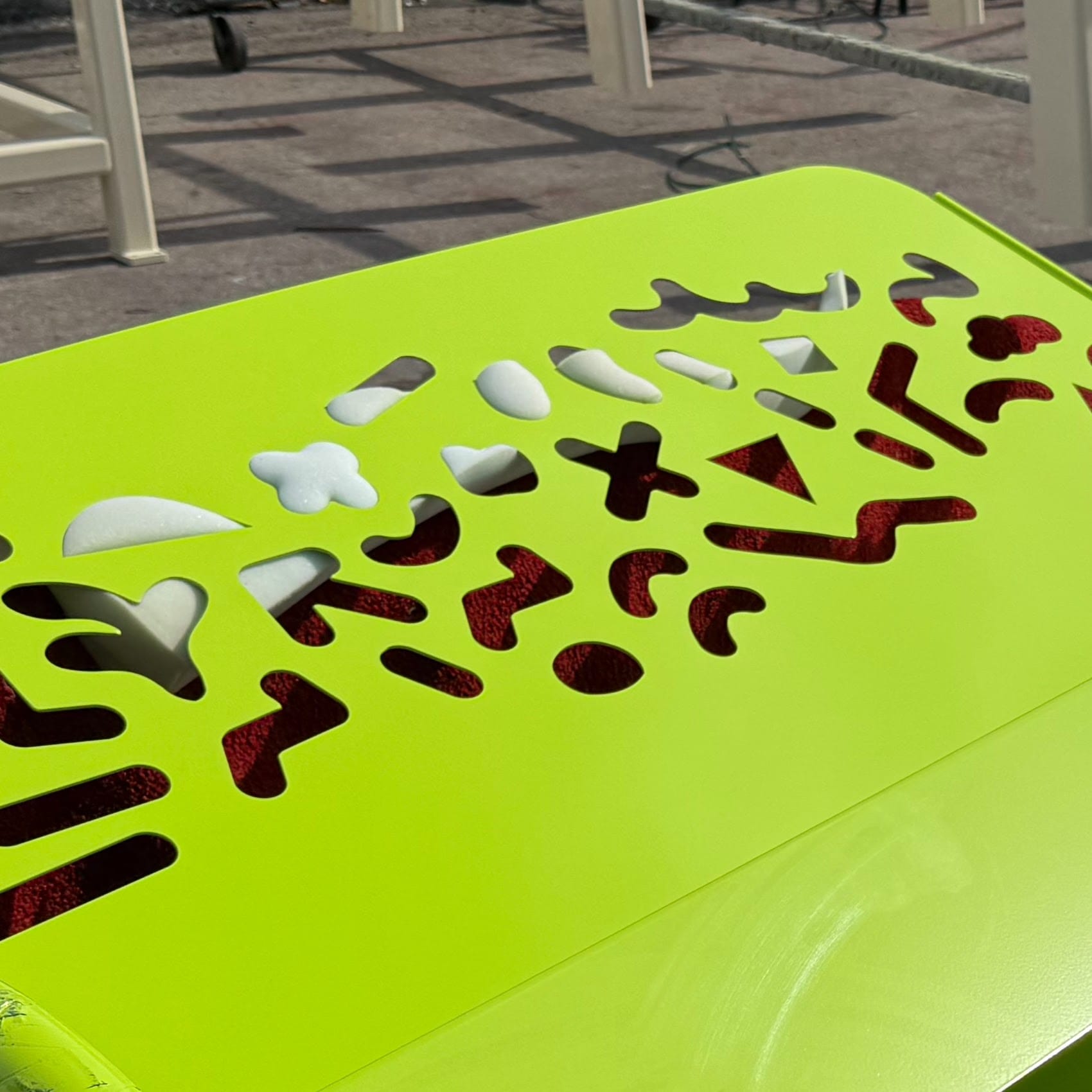 Close up of laser cut detail on public bench